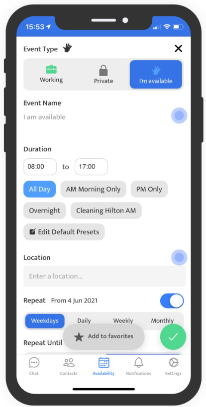 New I'm available event details Updatedge Create an event I'm available