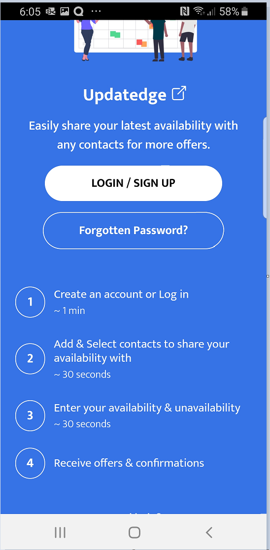 Updatedge Mobile app login page