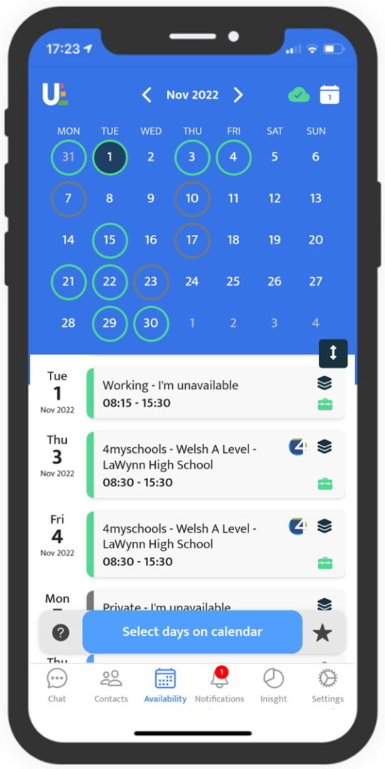 Updatedge Mobile app screenshot of workers schedule and timeline